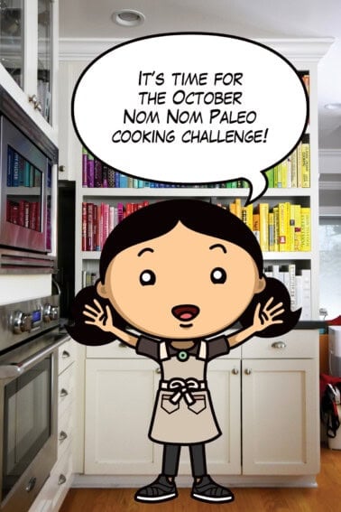 A cartoon Michelle Tam is announcing the October Nom Nom Paleo Cooking Challenge in front of bookcase filled with colorful cookbooks.