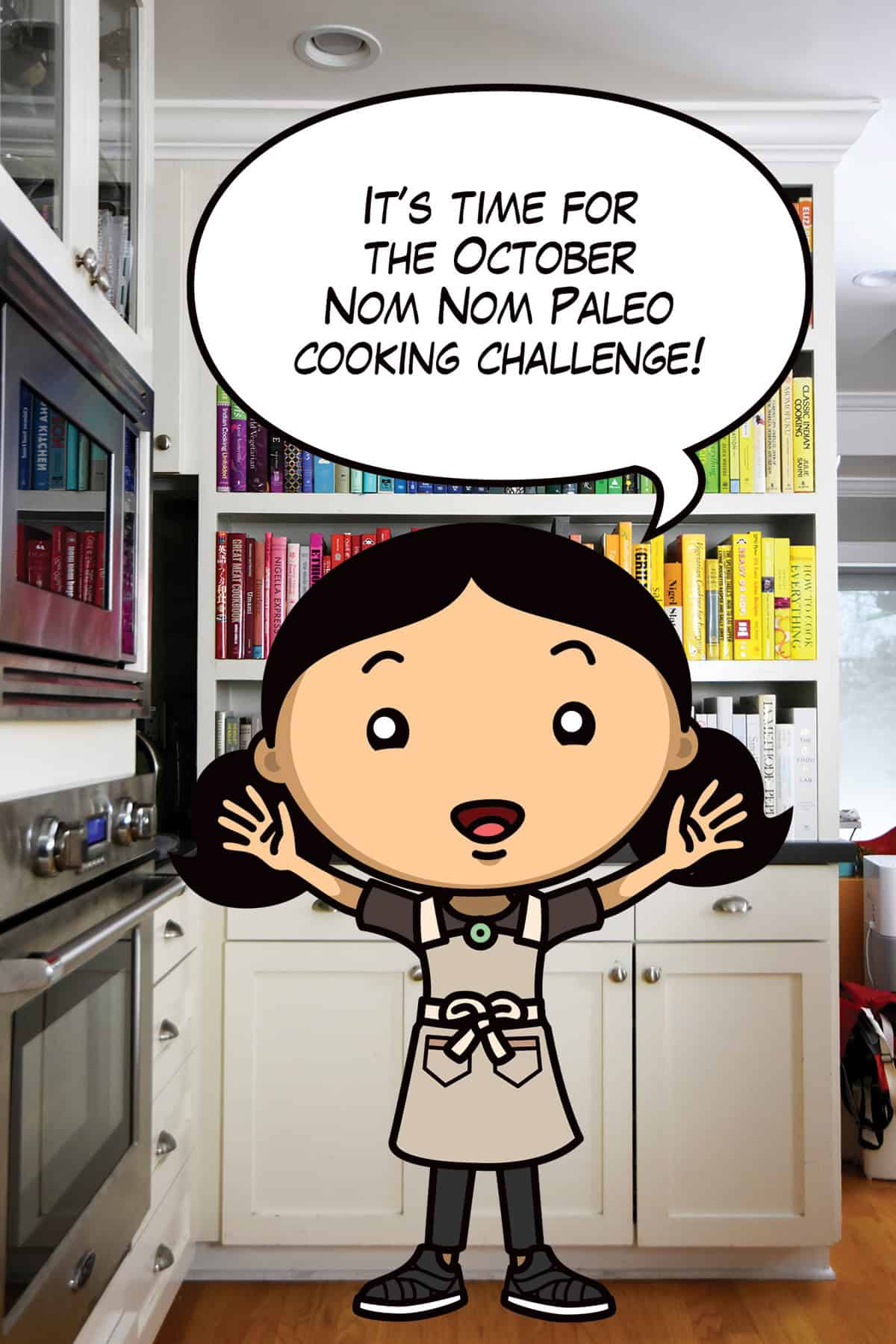 A cartoon Michelle Tam is announcing the October Nom Nom Paleo Cooking Challenge in front of bookcase filled with colorful cookbooks.